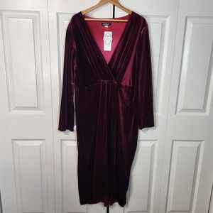 Esprlia Claret Red Velvet Faux Wrap V-Neck Midi Dress Plus Size 22W NEW Evening